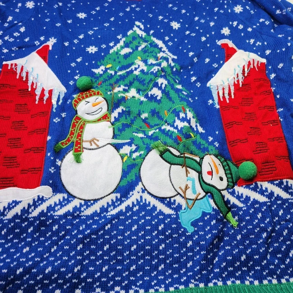 Jolly Sweaters Light Up Ugly Christmas Sweater Mens XXL Blue Snowman Sequin LED
